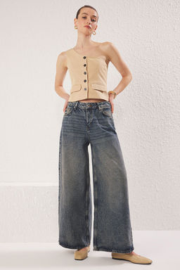 Koyu Mavi Soluk Efekt Dusuk Bel Wide Leg Jeans TWOSS25JE00193