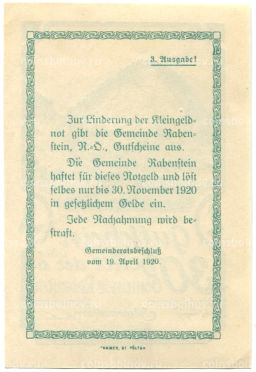 30 геллеров 1920 года Австрия Рабенштайн (нотгельд)