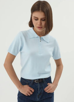 K13364 Джемпер-поло (вязаный трикотаж) ГОЛУБОЙ