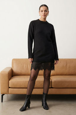 Siyah Yumusak Dokulu Bisiklet Yaka Dantel Garnili Triko Elbise TWOAW26KZ00298