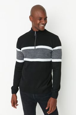 Trendyolmilla Man Siyah Slim Fit Dar Kesim Yar?m Bal?kc? Fermuarl? Renk Bloklu Kazak TMNAW20MG0022