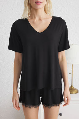 Trendyolmilla Siyah Dantel ve Baglama Detayl? Sortlu Orme Pijama Tak?m? THMSS25PT00012  фото 4