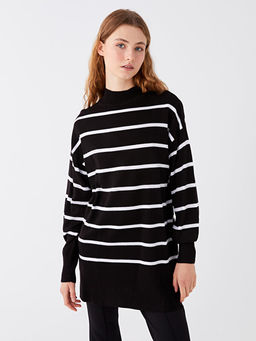 Yar?m Bal?k?? Yaka ?izgili Uzun Kollu Kad?n Triko Tunik