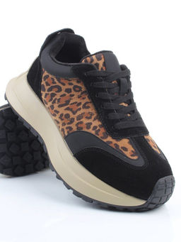 04-PCML24-1 BLACK/LEOPARD Кроссовки демисезонные женские (натуральная замша, натуральная кожа, байка)