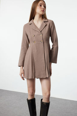 Kahverengi Pileli Dugmeli Mini Dokuma Elbise TWOAW24EL00338 - Trendyolmilla фото 2
