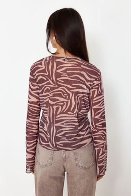 Trendyolmilla Siyah Desenli Baglama Detayl? Tul Esnek Orme Bluz TWOSS23BZ00139  фото 6