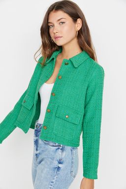 Yesil Fitted Cep Detayl? Ekose Crop Dokuma Ceket TWOAW23CE00140