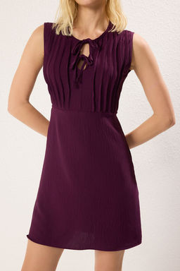 Murdum Duz Kesim Fiyonk Yaka Detayl? Nervurlu Mini Dokuma Elbise TWOSS25EL00122