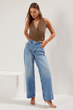 TRENDYOLMILLA Ac?k Kahverengi Kruvaze Yaka Fitted/Vucuda oturan Esnek Alttan C?tc?tl? Orme Body TWOSS25BD00010 фото 7