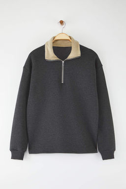 Antrasit Yaka Detayl? Dik Yaka Oversize/Genis Kesim Kal?n/Ici Polarl? Sweatshirt TMNAW26SW00003