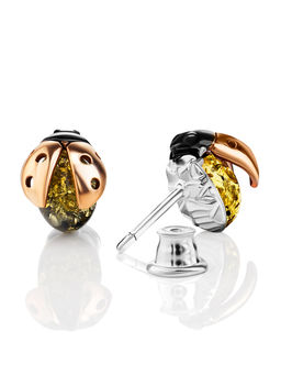 Миниатюрные позолоченные пусеты с зелёным янтарём Божья коровка