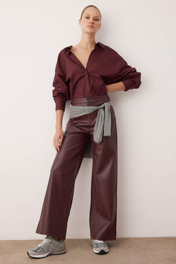 Bordo Suni Deri Wide Leg Cep Detayl? Orme Pantolon TWOAW26PL00096