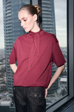 Limited Edition Bordo Oversize Dusuk Kol K?sa Kollu Uzun Tok %100 Pamuk Orme T-Shirt TWOSS26TS00029