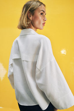 CAMISA CON LINO MANGA ANCHA / Blanco - Zara фото 3