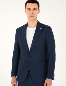 Lacivert Ex. Slim Fit %100 Keten Tak_m Elbise