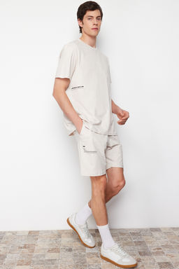 TRENDYOL MAN Kahverengi Slogan Bask?l? Orme Sortlu Pijama Tak?m? TMNSS24PT00001