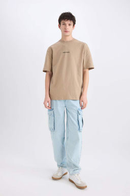 One Piece Boxy Fit Bisiklet Yaka S?rt Bask?l? K?sa Kollu Tisort - Defacto фото 3