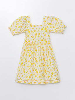 Kare Yaka ?i?ekli K?sa Kollu K?z ?ocuk Elbise