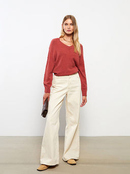 V Yaka Kendinden Desenli Uzun Kollu Kad?n Triko Kazak