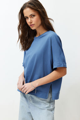 TRENDYOLMILLA Indigo %100 Pamuk Kesik ve Y?rtmac Detayl? Oversize/Rahat Kesim Orme T-Shirt TWOSS24TS00027 фото 7