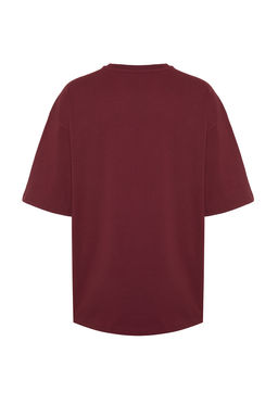 Bordo Oversize/Genis Kesim Basic %100 Pamuklu T-Shirt TMNSS22TS0318