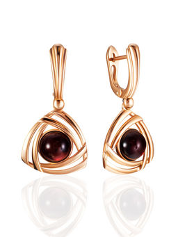 Серьги с треугольными подвесками Мистраль, украшенные вишнёвым янтарём