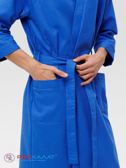 Мужской укороченный вафельный халат с планкой синий В-05 (16)