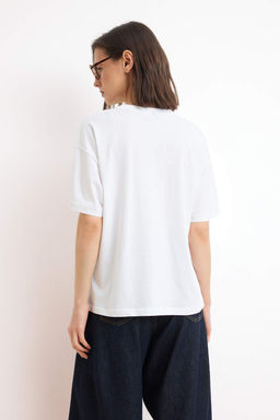 Ekru Bask?l? Oversize/Genis Kal?p K?sa Kollu %100 Pamuk Orme T-Shirt TWOSS26TS00179 - Trendyolmilla фото 4