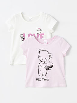 Bisiklet Yaka K?sa Kollu Bask?l? K?z Bebek Ti??rt 2li