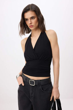 Siyah Fitted/Vucuda Oturan Boyundan Baglamal? Kolsuz Yumusak Orme Bluz TWOSS26BZ00624