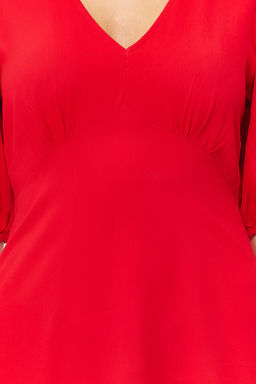 K?rm?z? Etegi Volanl? Balon Kollu Mini Dokuma Elbise TWOSS24EL00062 - Trendyolmilla фото 4