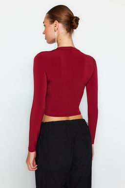 Bordo Dik Yaka Fitted/Vucuda Oturan Uzun Kol Buzgulu Esnek Orme Bluz TWOAW23EL01391
