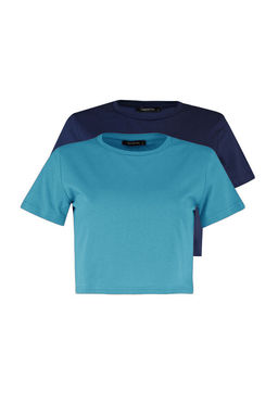 Lacivert-Turkuaz 2li Paket %100 Pamuk Crop Bisiklet Yaka Orme T-Shirt TWOSS20TS1480