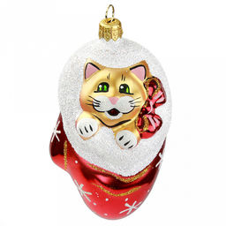 Елочная игрушка фигурка стеклянная Рукавичка. Кот 10см, ручная художественная роспись, подарочная упаковка, цвета микс (Россия)