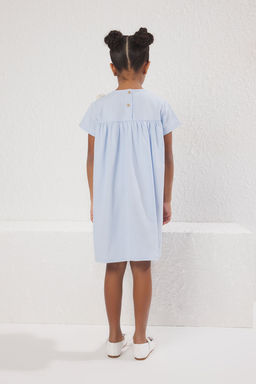 Ac?k Mavi K?z Cocuk %100 Pamuk Mini Cicekli K?sa Kollu Bayraml?k Dokuma Elbise TKDSS25EL00021 - Trendyolmilla фото 3