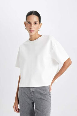 Женская базовая футболка с круглым вырезом и короткими рукавами свободного покроя - Defacto фото 4