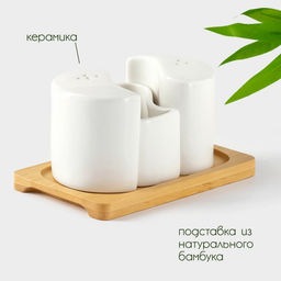 Набор керамический для специй на деревянной подставке BellaTenero, 3 предмета: солонка 70 мл, перечница 70 мл, салфетница, белый  фото 2