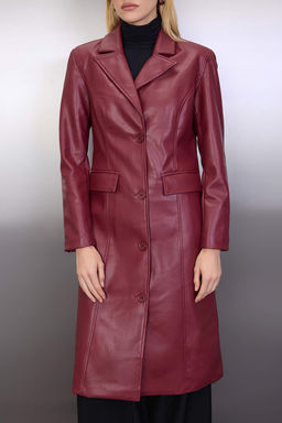 Bordo Suni Deri Mono Kapama Regular Uzun Kaban TWOAW26KB00010 - Trendyolmilla фото 6