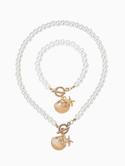 Набор 2 предмета: бусы. браслет «Жемчуг. Ракушка вонголе», L=18/42 см, №8, белый в золоте