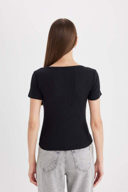 Облегающая футболка с круглым вырезом в рубчик и короткими рукавами - Defacto фото 6