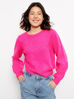 Bisiklet Yaka Pul Bask?l? Uzun Kollu Kad?n Triko Kazak