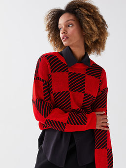 Bisiklet Yaka Desenli Uzun Kollu Kad?n Oversize Triko Kazak