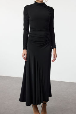 TRENDYOLMILLA Lacivert Fitted/Vucuda Oturan Dik Yaka Uzun Kollu Esnek Maxi Orme Elbise TWOAW25EL00099  фото 2