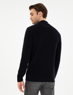 Lacivert Slim Fit Fermuarl_ Dik Yaka Kazak