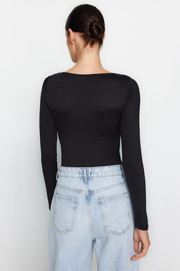 TRENDYOLMILLA Siyah Slim C?tc?tl? Havuz Yaka Uzun Kollu Yumusak Kumasl? Esnek Orme Body TWOAW24BD00031  фото 5