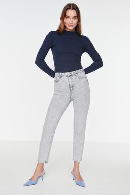 Lacivert Fitted/Vucuda Oturan Dik Yaka Uzun Kol Fitilli Esnek Orme Bluz TWOAW21BZ0423