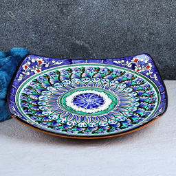 Ляган узбекский Риштанская Керамика «Узоры», 25×4.5 см, квадратный, синий