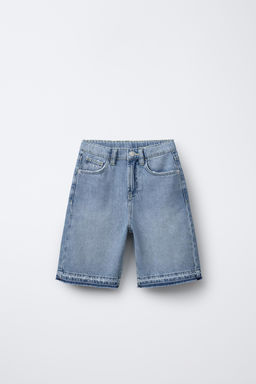 EMBROIDERED FRAYED DENIM BERMUDA SHORTS