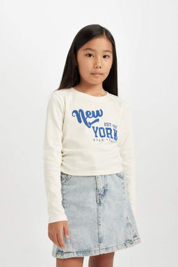 Укороченная футболка с длинными рукавами в рубчик с принтом и круглым вырезом для девочек - Defacto фото 4