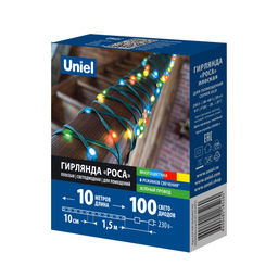 ULD-S1000-100/DGA MULTI IP20 DEW BAND Гирлянда светодиодная "Полоса", 10м. 100 светодиодов. Разноцветный свет. Провод зеленый. ТМ Uniel